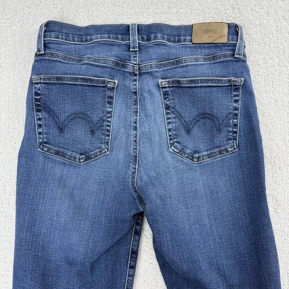 Edwin‎ Womens Slim Straight Jeans 29X25 Blue Raw Hem Stretch $180